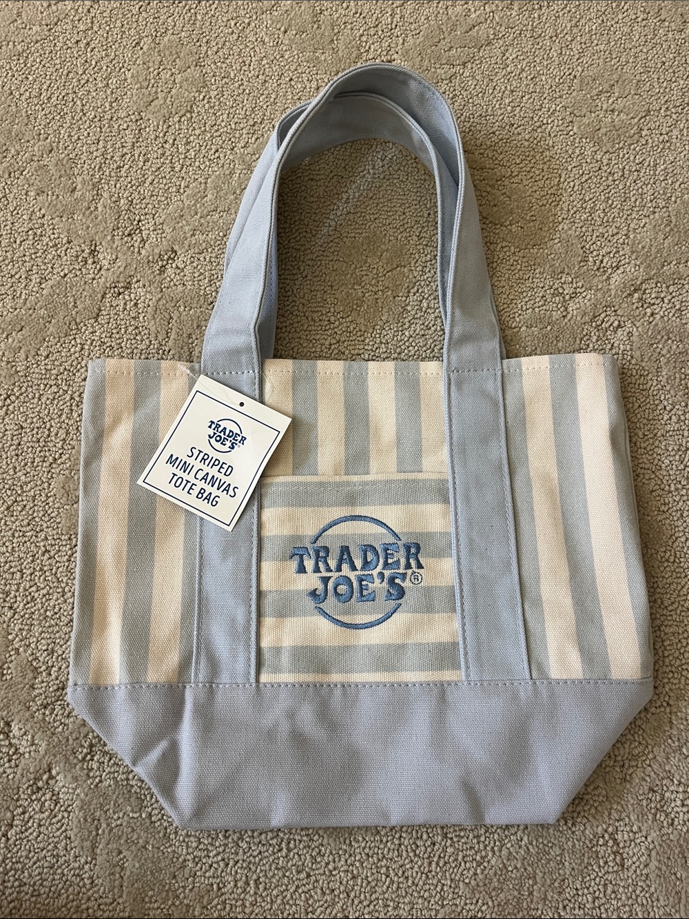 Trader Joe's Blue and Cream Striped Mini Canvas Tote Bag